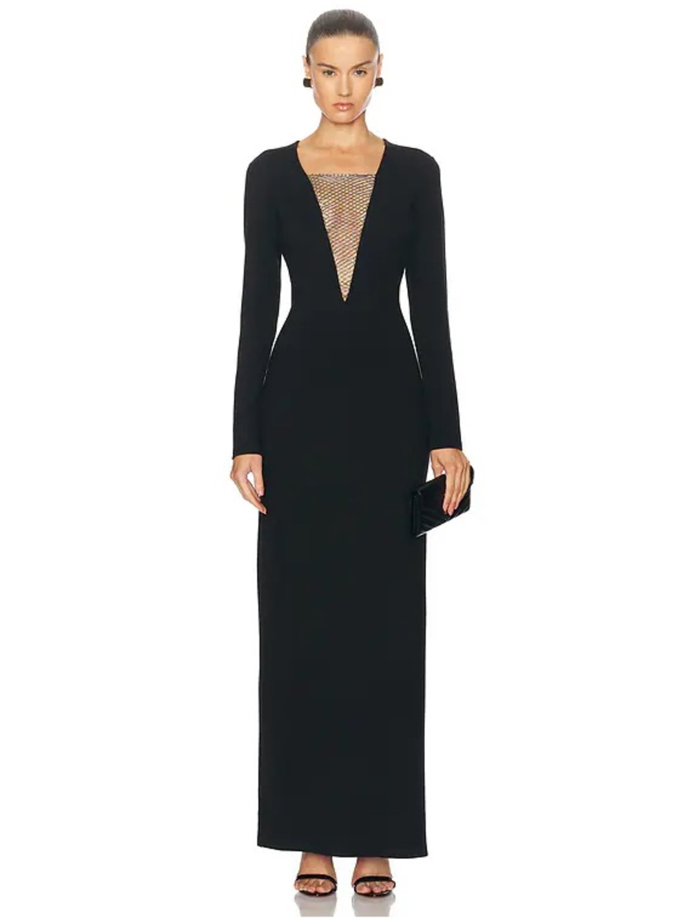 STAUD Kris Mesh Illusion Gown Black Maxi Dress Long Sleeve Beaded V Neck NWT M